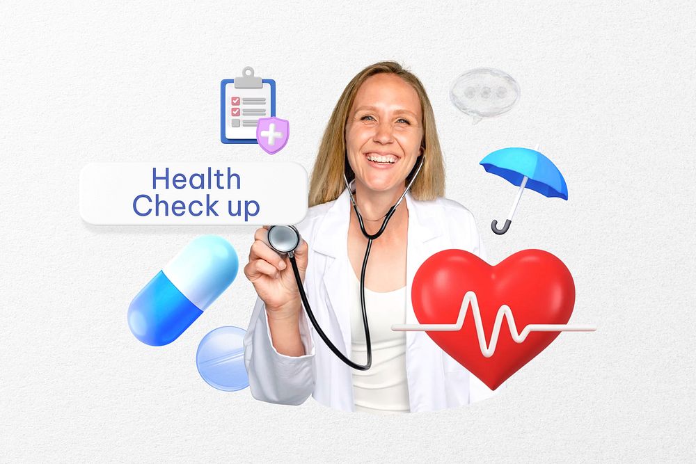 Health check up word, smiling doctor, healthcare remix