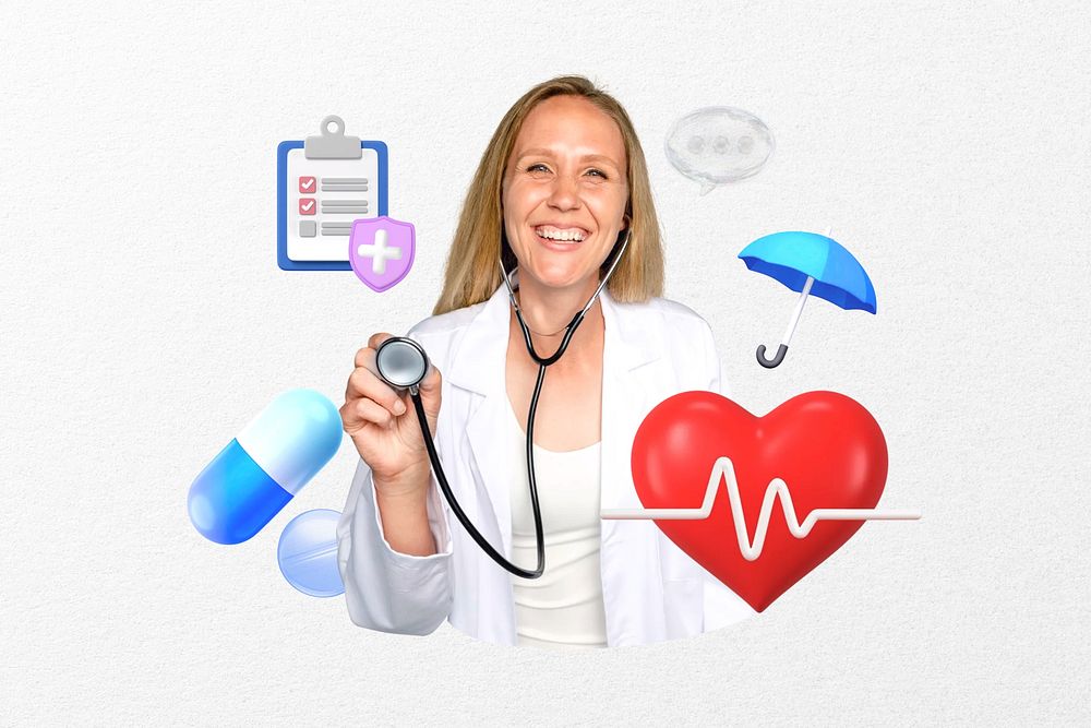 Health check-up, smiling doctor, healthcare remix