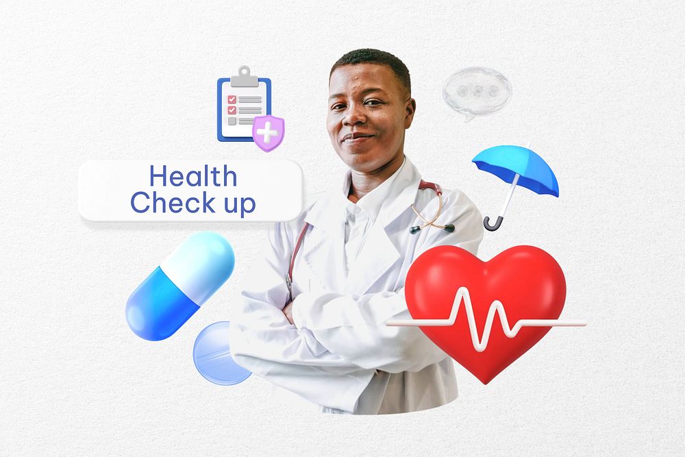 Health check up word, smiling doctor, healthcare remix