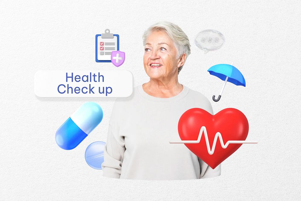 Health check up word, smiling woman, healthcare remix