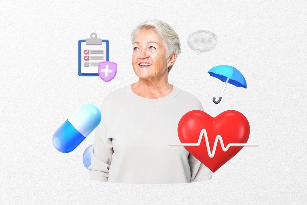 Health insurance, smiling woman, healthcare 3D remix