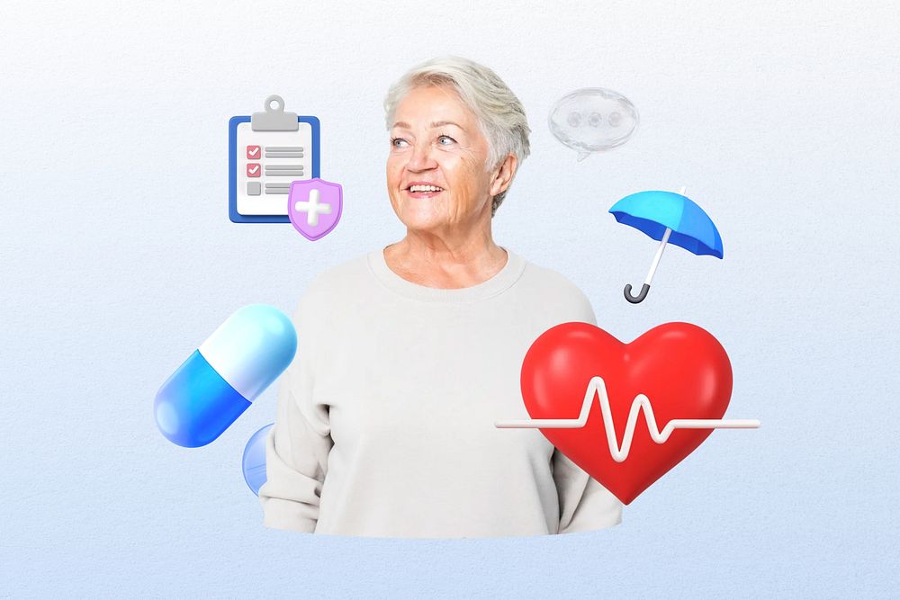 Health insurance, smiling woman, healthcare 3D remix