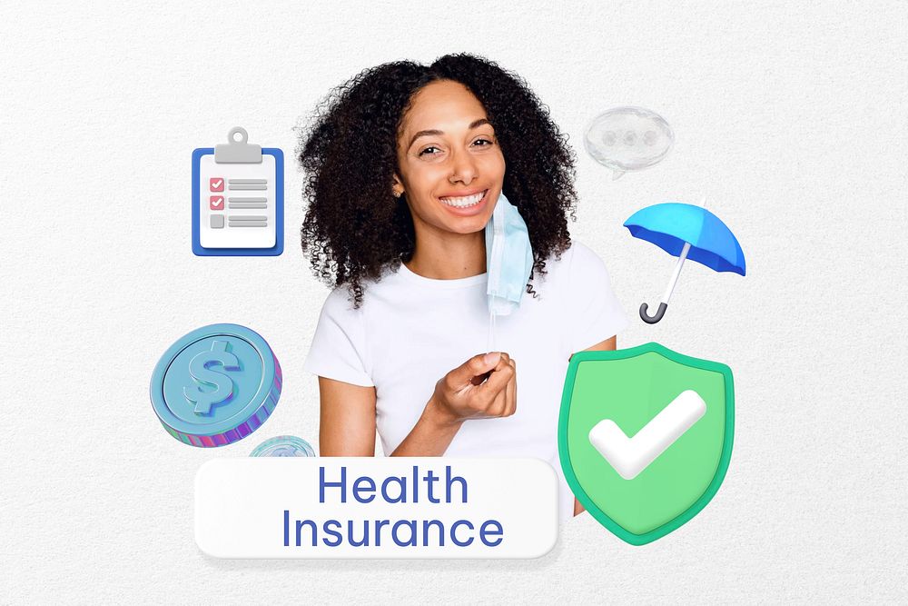 Health insurance word, smiling woman remix