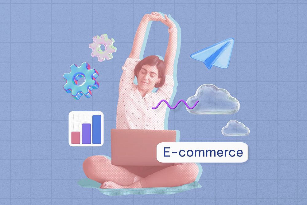 E-commerce word, stretching businesswoman remix