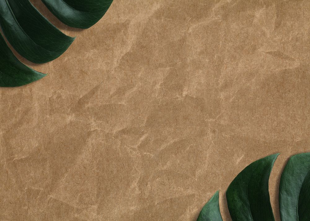 Leaf border, brown paper background, crumpled texture