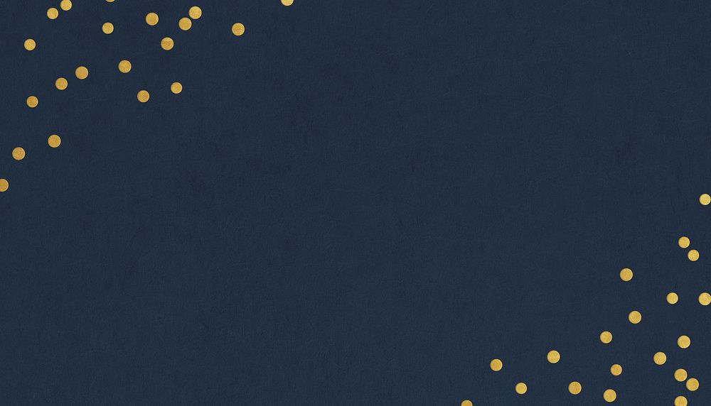 Festive dark blue background, gold confetti border