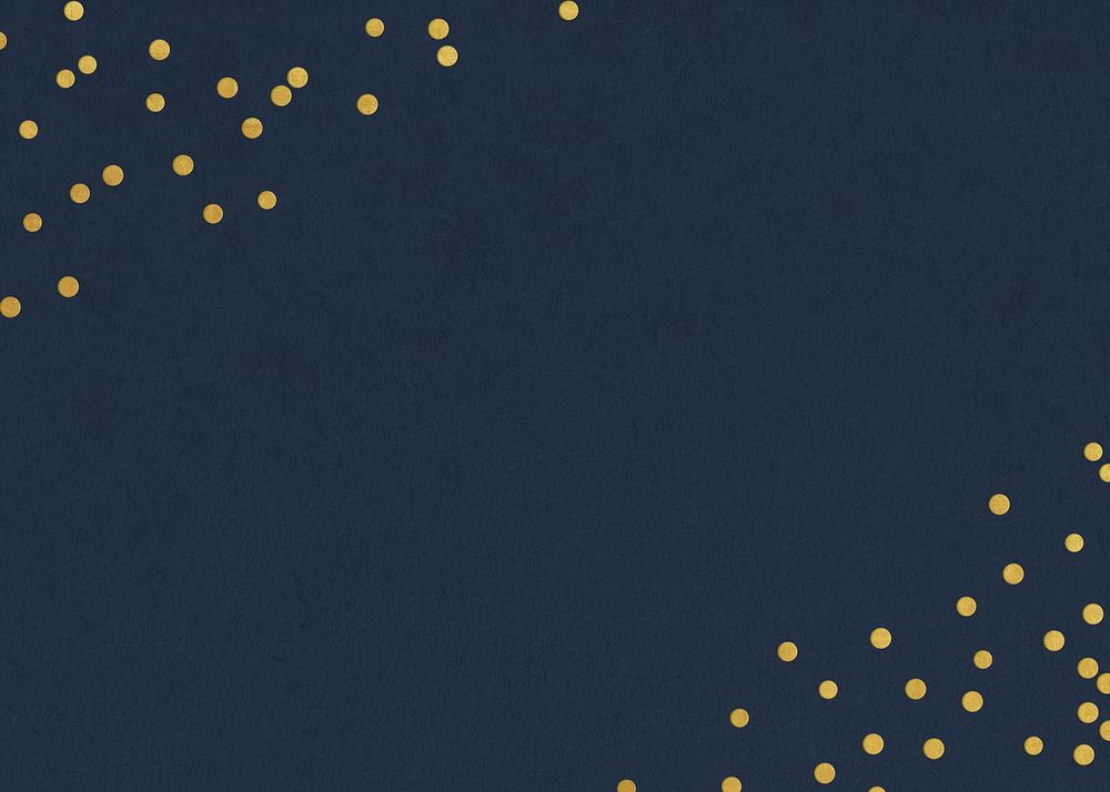 Festive dark blue background, gold confetti border