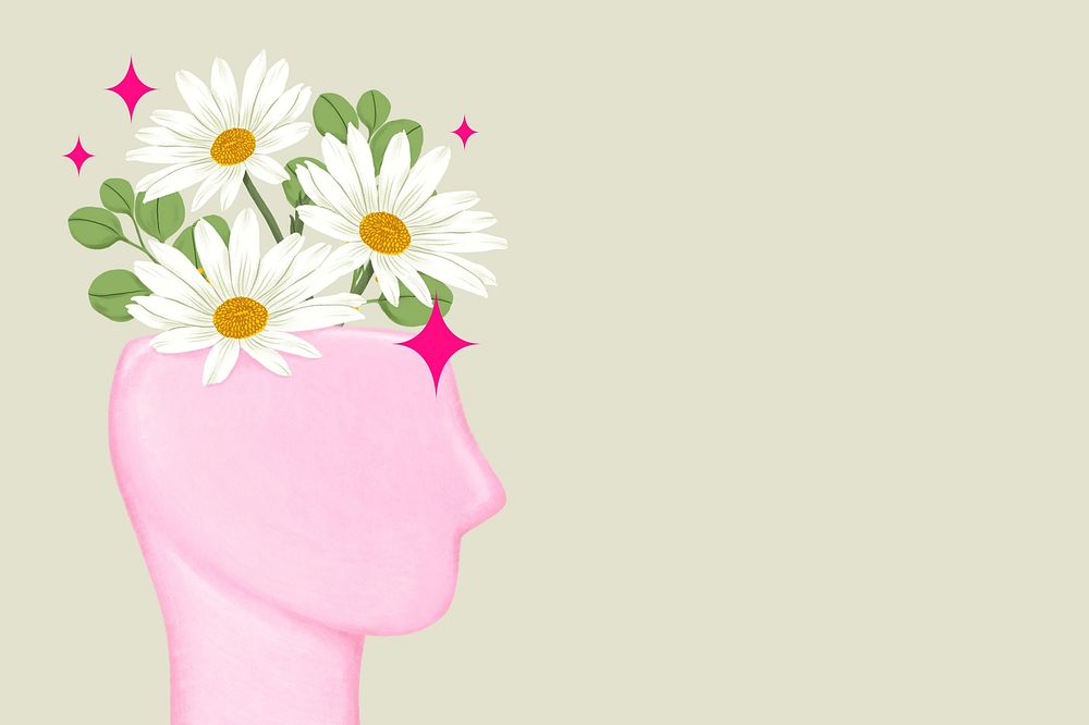 Flower brain aesthetic background, self-love & growth illustration