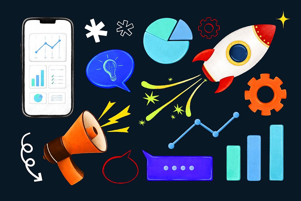 Business marketing tool, graphs, chart collage element set psd