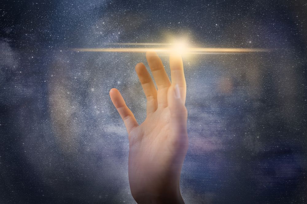 Hand in space, spirituality image with copy space