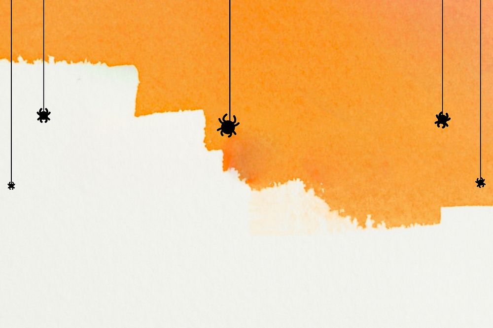 Orange watercolor stain background, Halloween spiders border