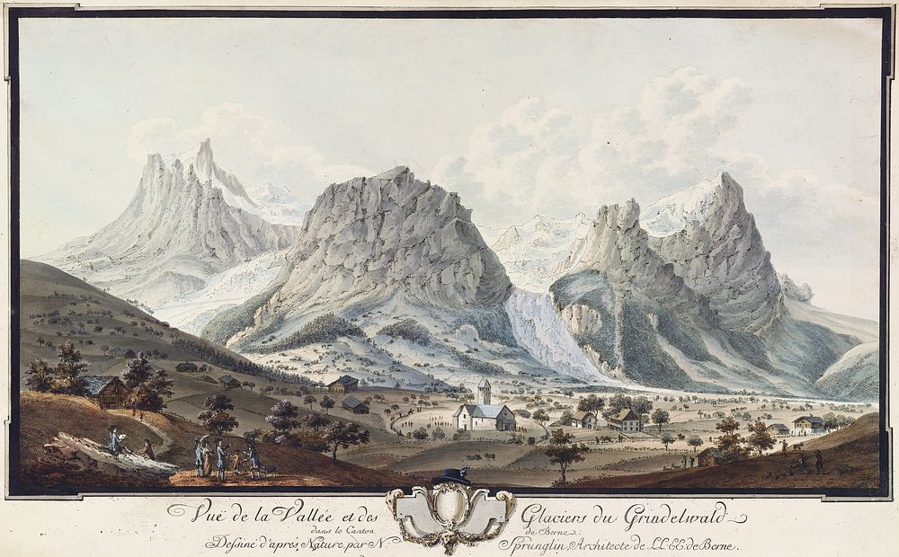 18th century view of Grindelwald (1780) by Swiss architect Niklaus Sprüngli. The contrast and colors of the scan have been…