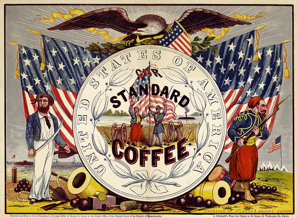 United States of America, our standard coffee. Coffee label illustrated with a U.S. sailor, two Zouaves, a soldier, and an…