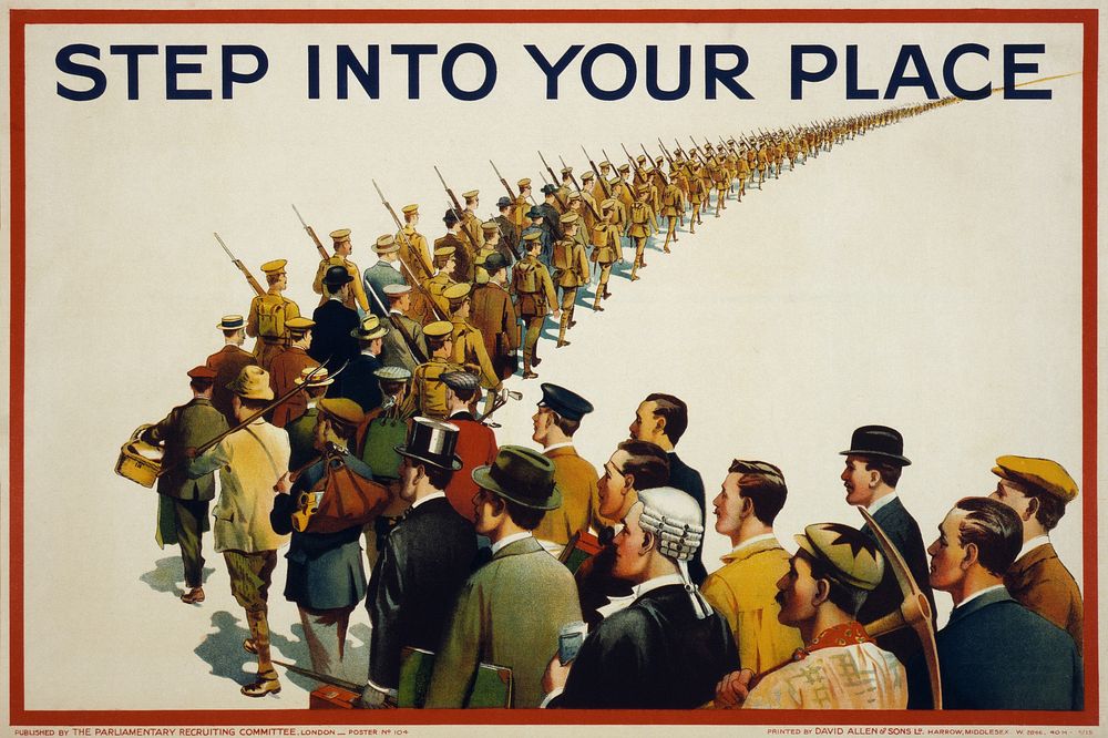 Step into your place. English propaganda poster by the Parliamentary Recruiting Committee, London, shows a column of…