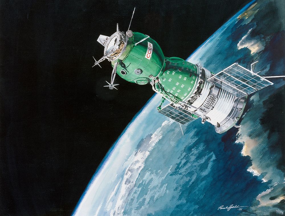 An artist's concept depicting the Soviet ASTP Soyuz spacecraft in Earth orbit. The three major components of the Soyuz are…