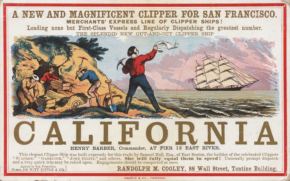 Sailing card for the clipper ship California, depicting scenes from the California gold rush."A NEW AND MAGNIFICENT CLIPPER…