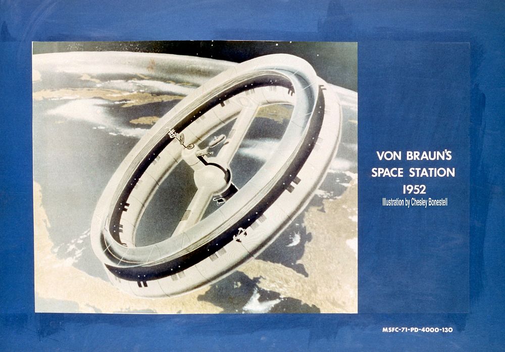 This is a von Braun 1952 space station concept. In a 1952 series of articles written in Collier's, Dr. Wernher von Braun…