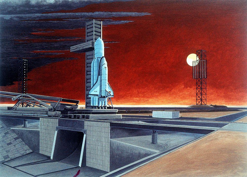 An artist's concept of a Soviet space shuttle and heavy-lift launch vehicle. (Soviet Military Power, 1986)