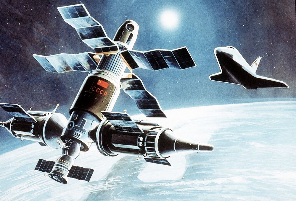 Artist's concept of a Soviet space shuttle approaching a manned space complex. (From Soviet Military Power 1985).