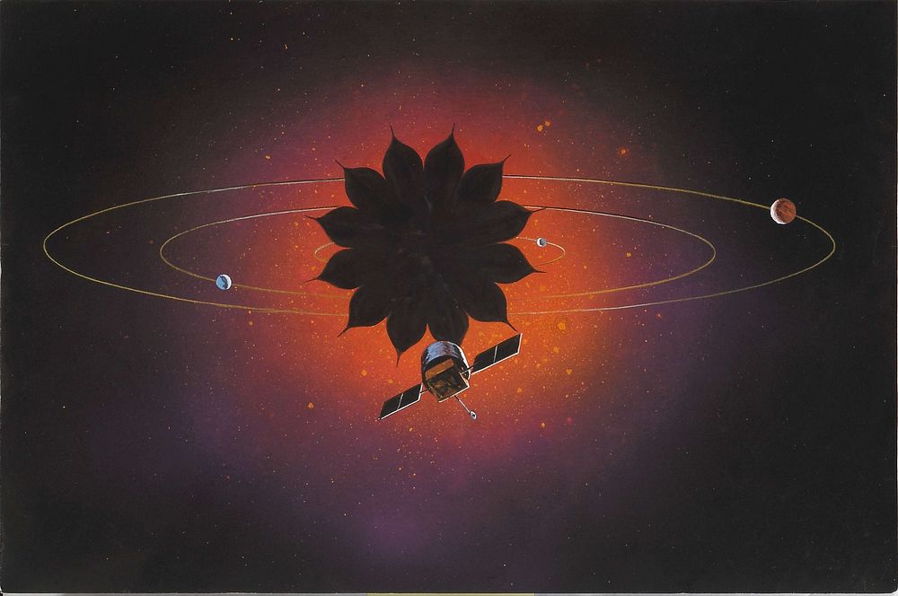 Artist's concept of the New Worlds Observatory. The dark, flower-shaped object in the center is the star shade.
