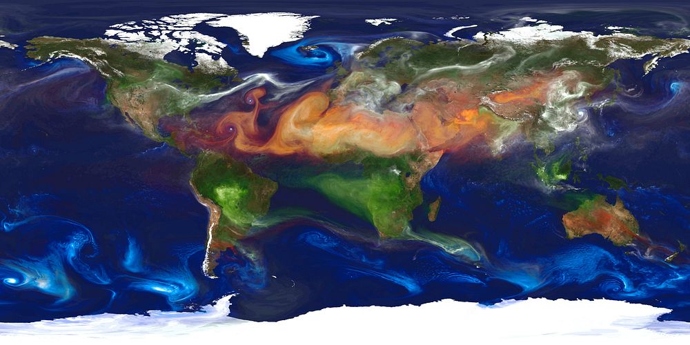 This portrait of global aerosols was produced by a GEOS-5 simulation at a 10-kilometer resolution. Dust (red) is lifted from…