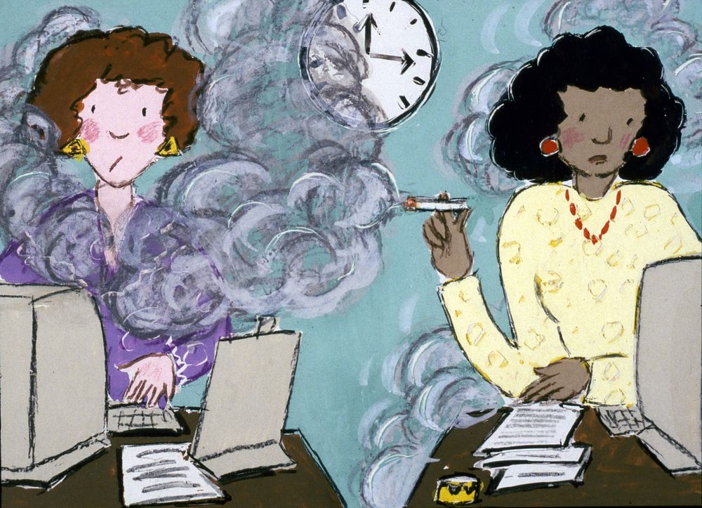 Title I Mind Very Much If You Smoke CartoonDescription A cartoon of two women, in a working situation, with one of the women…