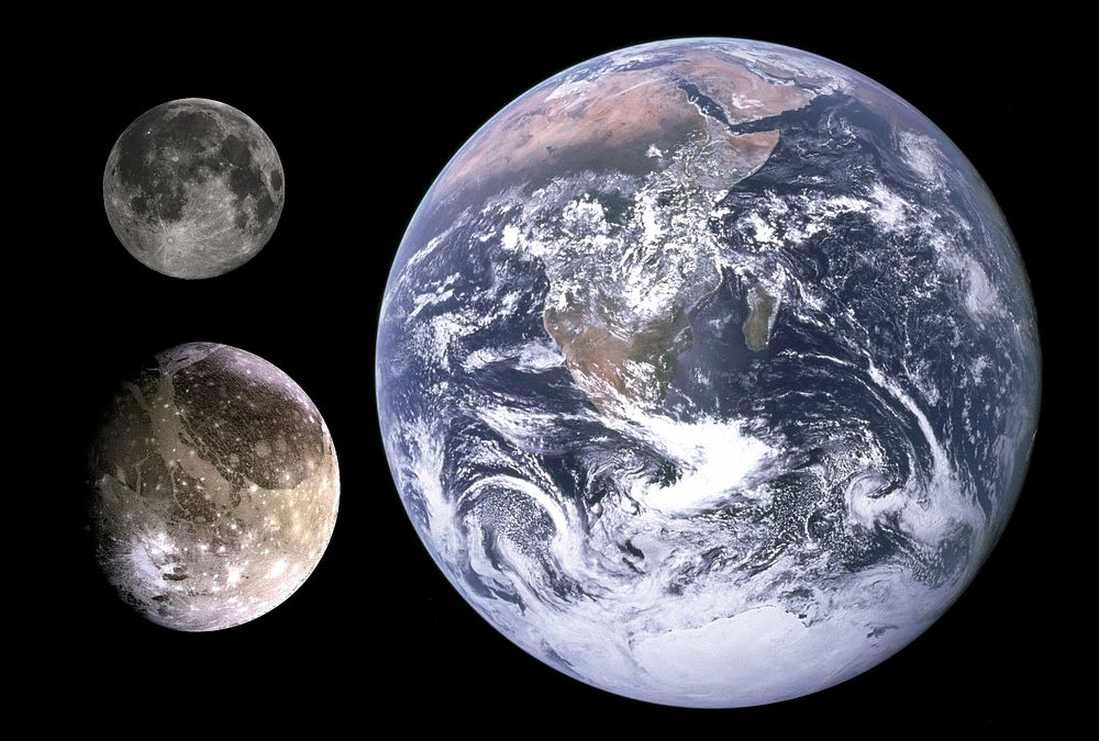 Diameter comparison of Ganymede, Moon, and Earth.Scale: Approximately 29km per pixel.