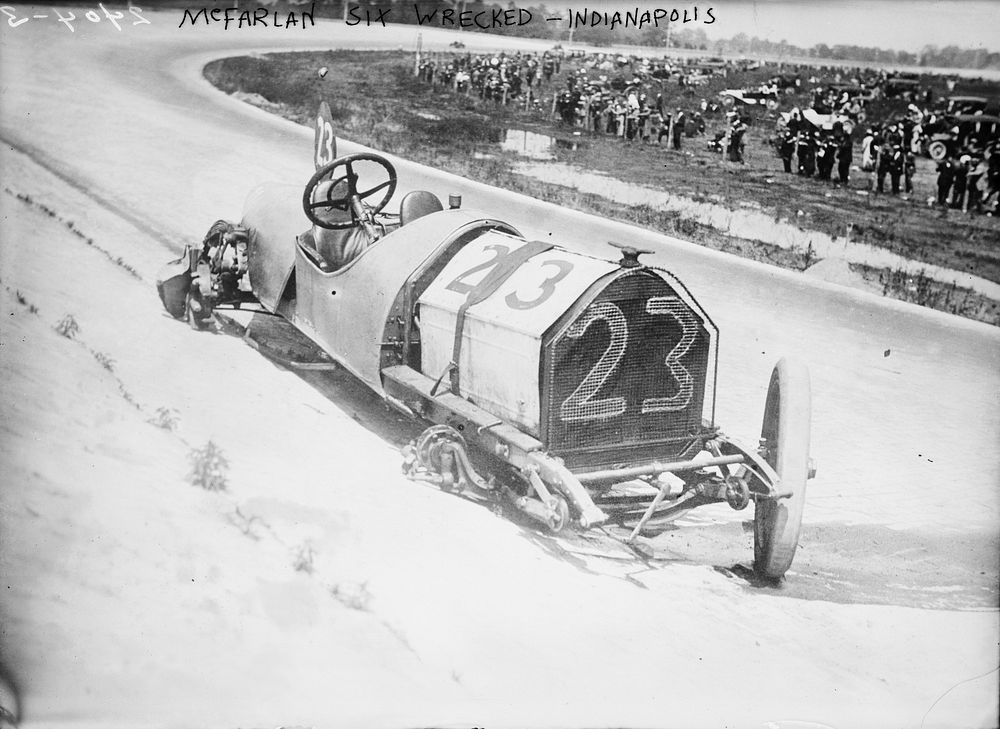 This is a photo of driver en:Mel Marquette's wrecked McFarlan racing car at the en:1912 en:Indianapolis 500. Marquette…