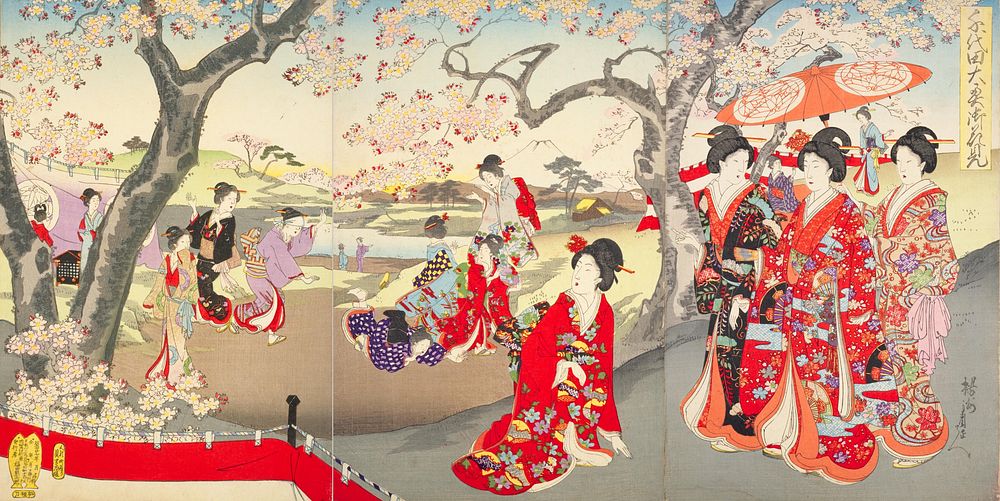 A triptych in the ukiyo-e style depicting a Hanami (flower-viewing party) in the Ōoku (harem) of the Edo Castle at Chiyoda.