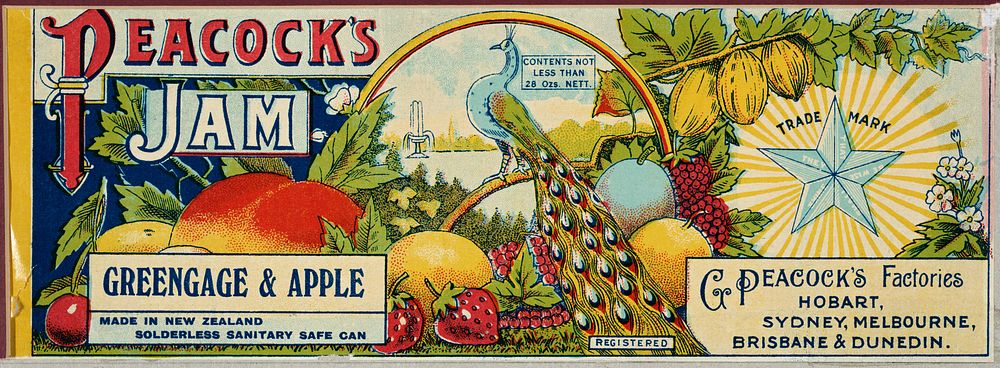 A can label for Peacock's greengage and apple jam. Shows illustrations of various fruits including strawberries…
