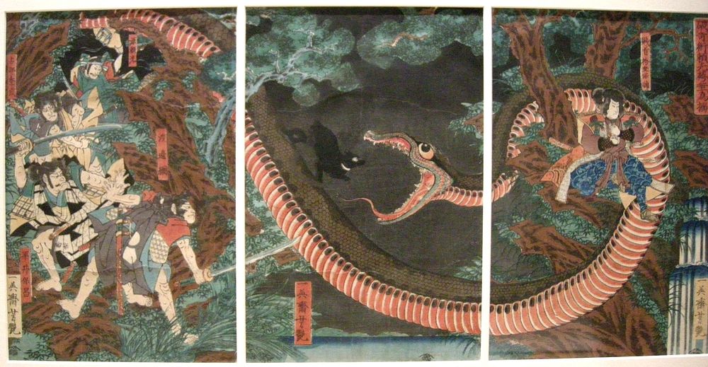 Giappone, utagawa yoshitsuya, Raiko rompe l'incantesimo di Hakamadare e lo cattura, 1858