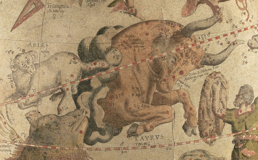 Aries and Taurus constellations from the Mercator celestial globe.