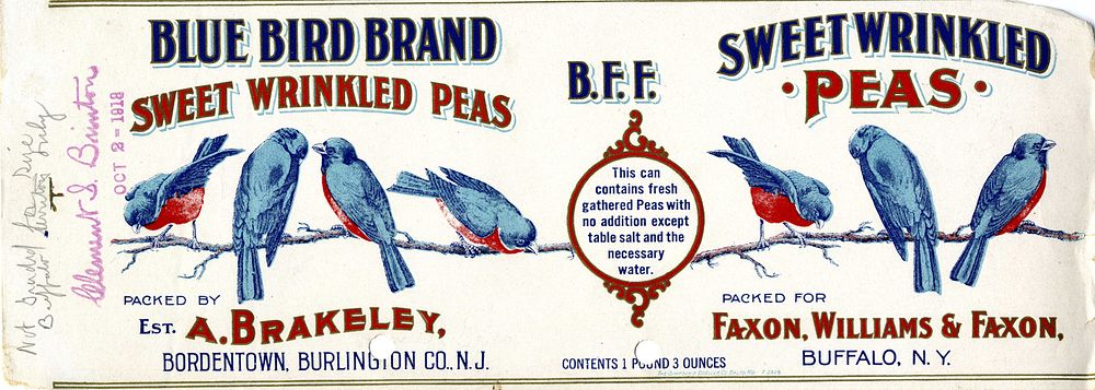 Scope and content: This item is a label for a one pound, three ounce can of Blue Bird Brand Sweet Wrinkled Peas.