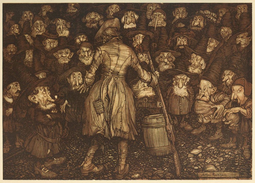 Depiction of Rip van Winkle surrounded by a number of gnome-like creatures. This illustration first appeared no later than…