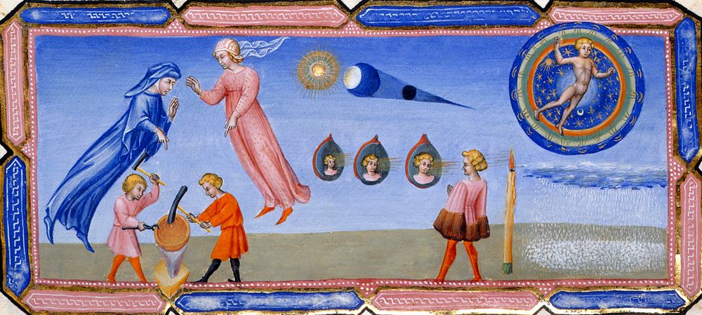 Giovanni di Paolo, Divine Comedy, Paradiso, Beatrice explaining some scientific theories to Dante, including the appearance…