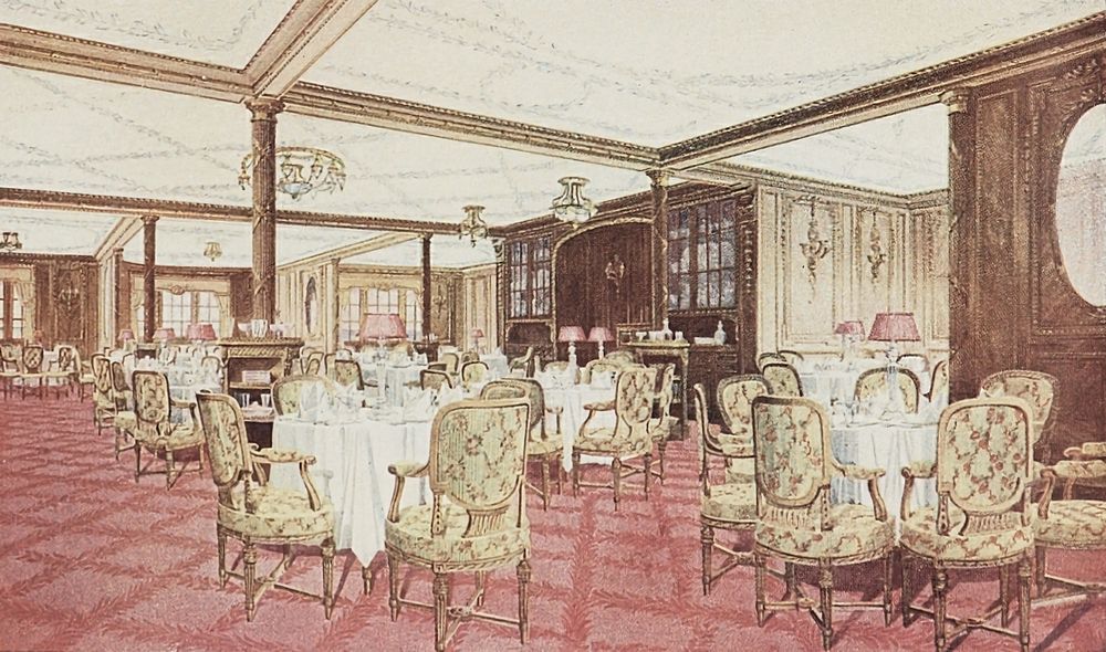 Promotional illustration in colour, launched by White Star Line, for advertise the luxiurous facilities for First Class…