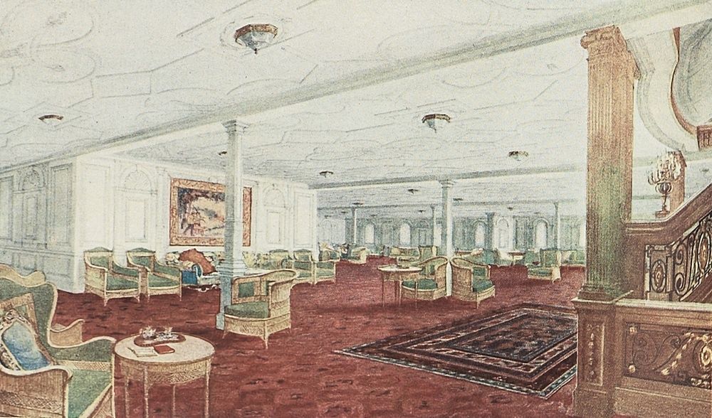 An illustration in colour, launched by White Star Line for advertise the First Class facilities on board the new largest…