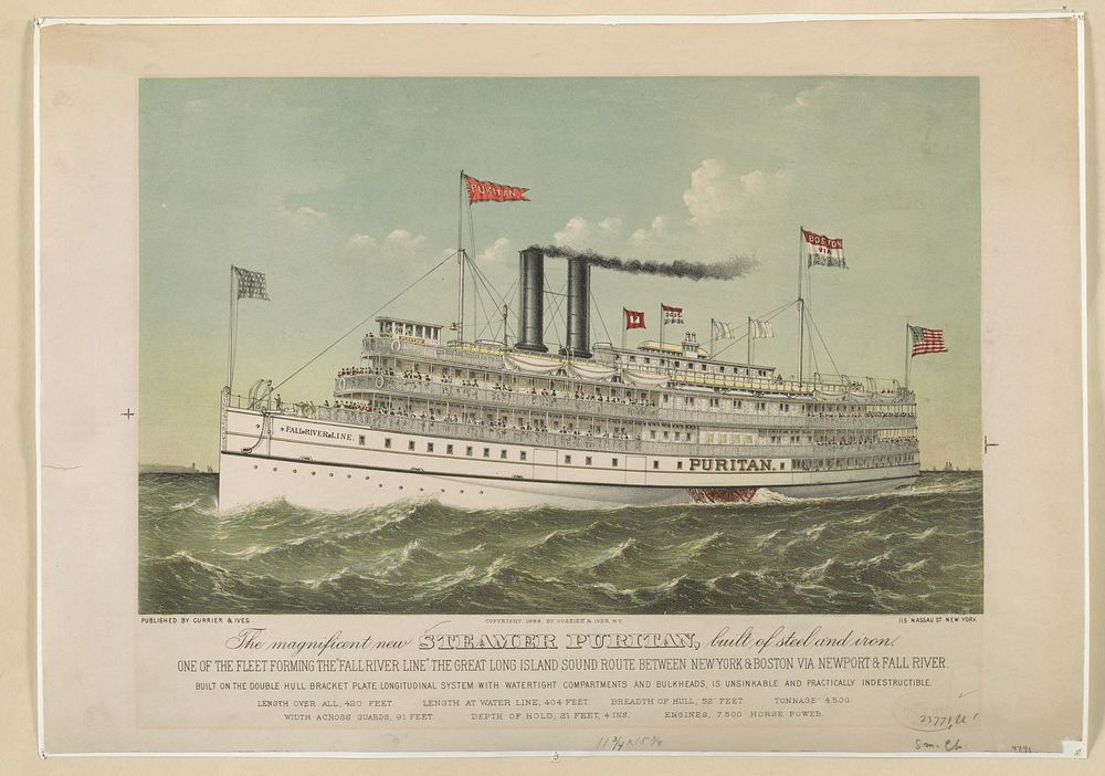 The magnificent new steamer Puritan, built of steel and iron: one of the fleet forming the "fall river line" the great Long…