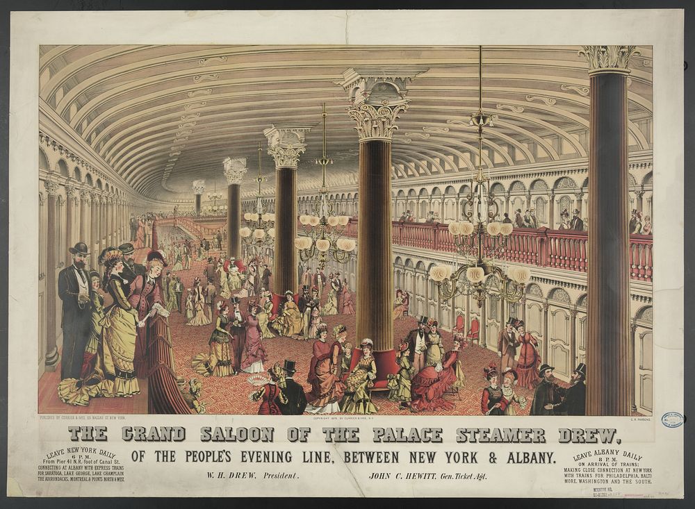 The grand saloon of the palace steamer Drew (1787) by Currier & Ives.