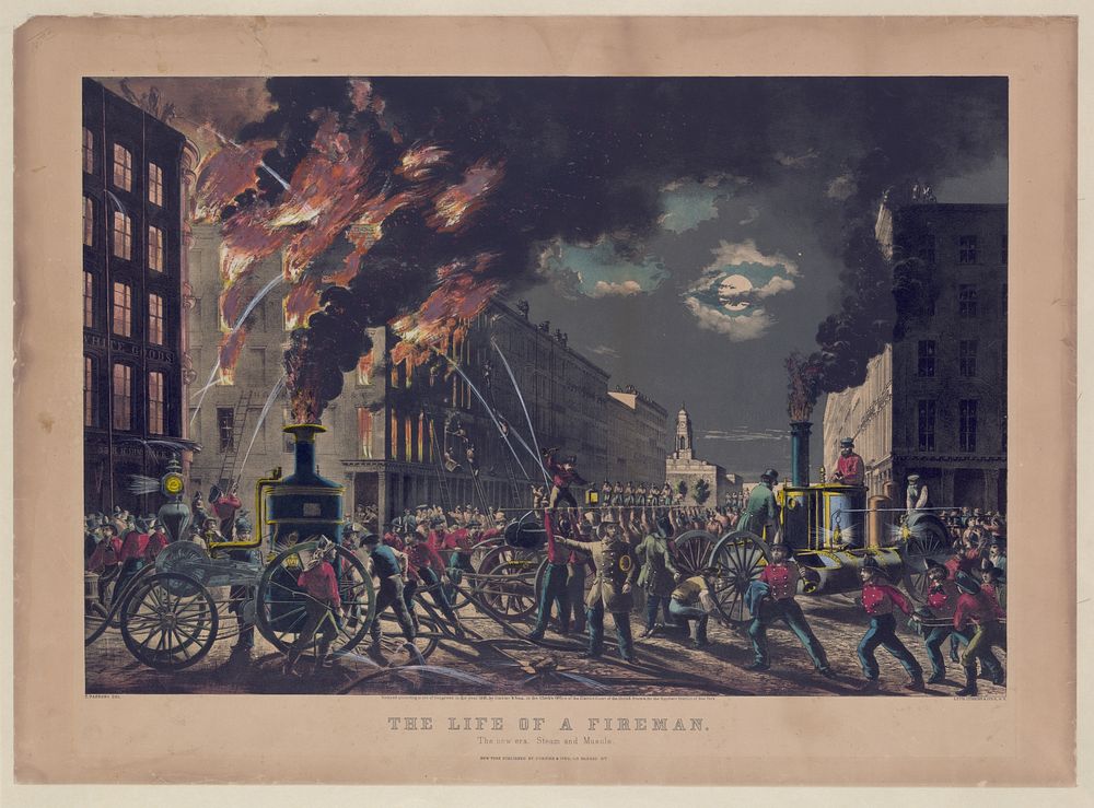 The life of a fireman: the new era, steam and muscle (1861) by Currier & Ives