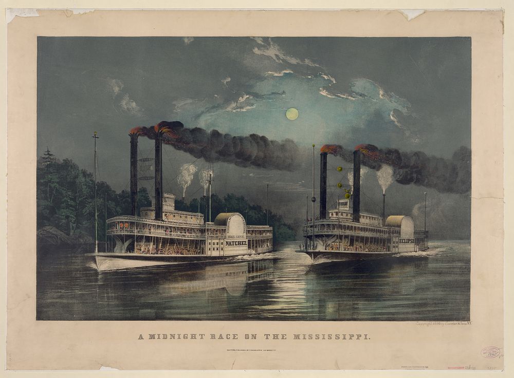 A Midnight Race on the Mississippi. The moonlit scene depicts a race between the Natchez and the Eclipse on the Lower…