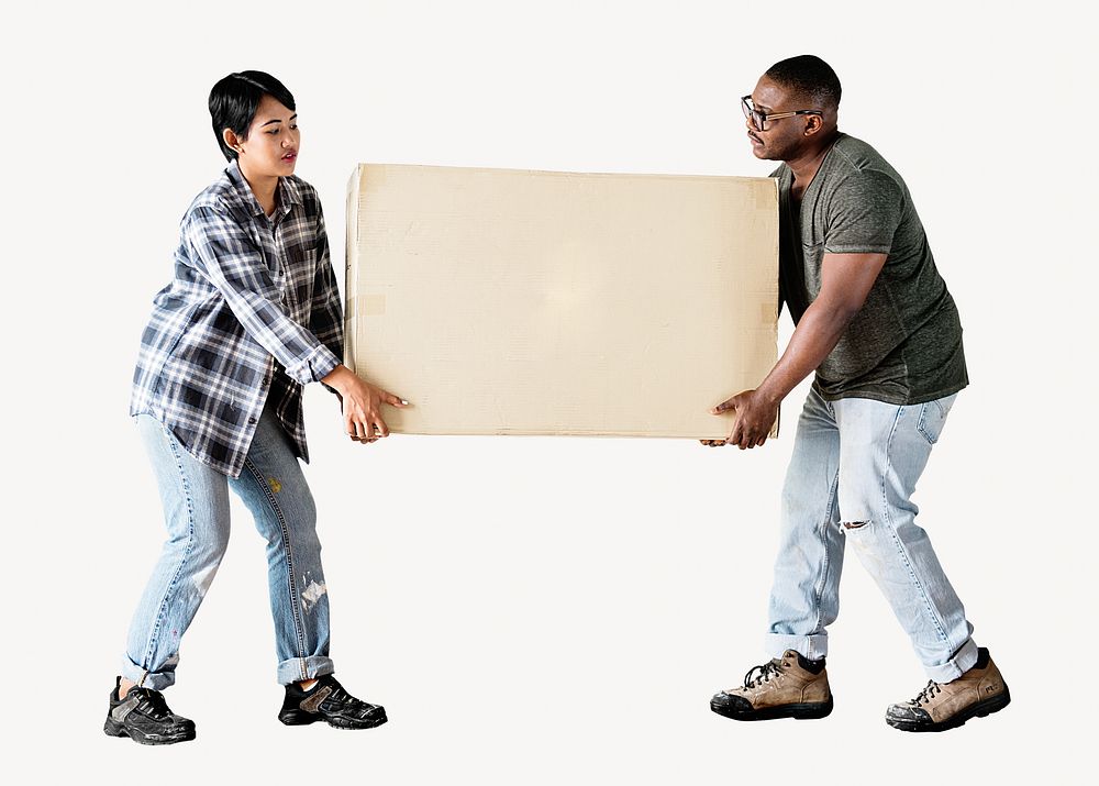 Couple holding moving box, isolated image