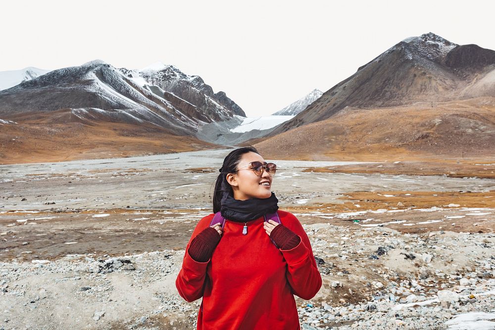 Female traveler, Himalaya mountains border background