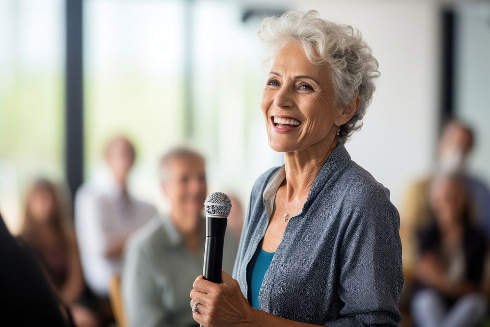 Microphone smiling adult woman. 