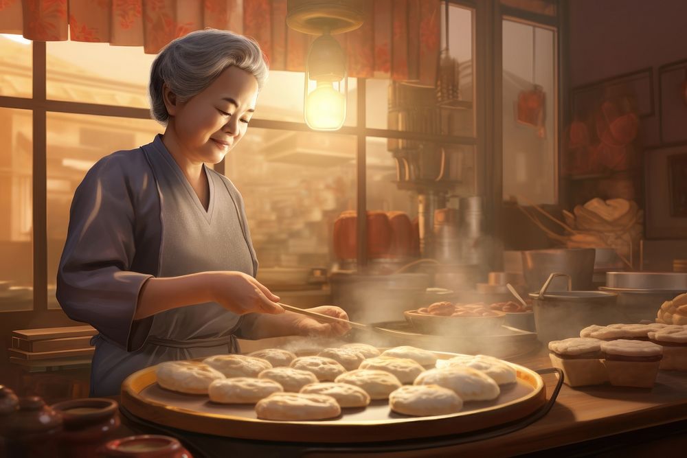Chinese auntie steaming dimsum bread adult food. AI generated Image by rawpixel.