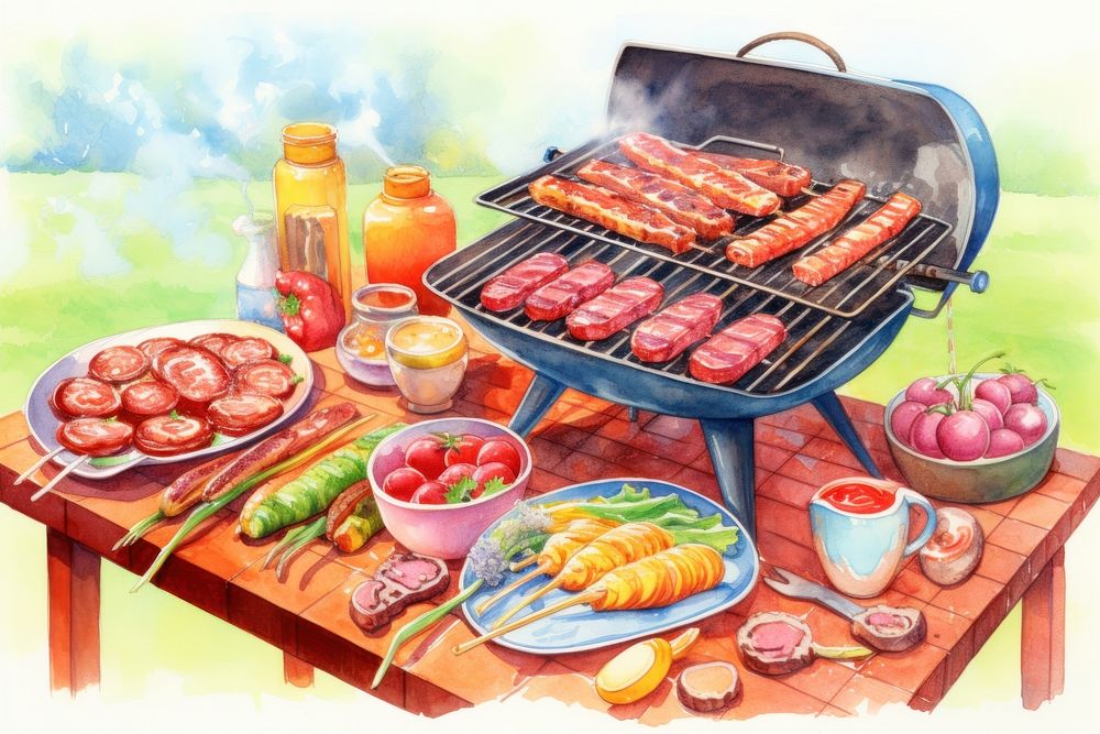 BBQ food party summer grilling meat cooking bbq bratwurst. AI generated Image by rawpixel.