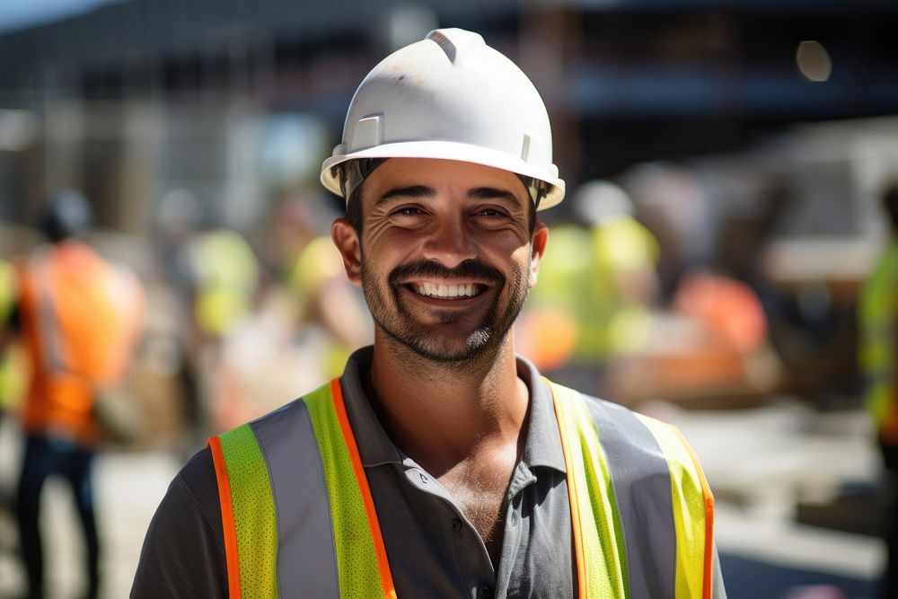 Construction worker working smile portrait hardhat. 