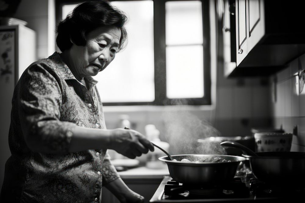 A photo of chinese aunt cooking.  