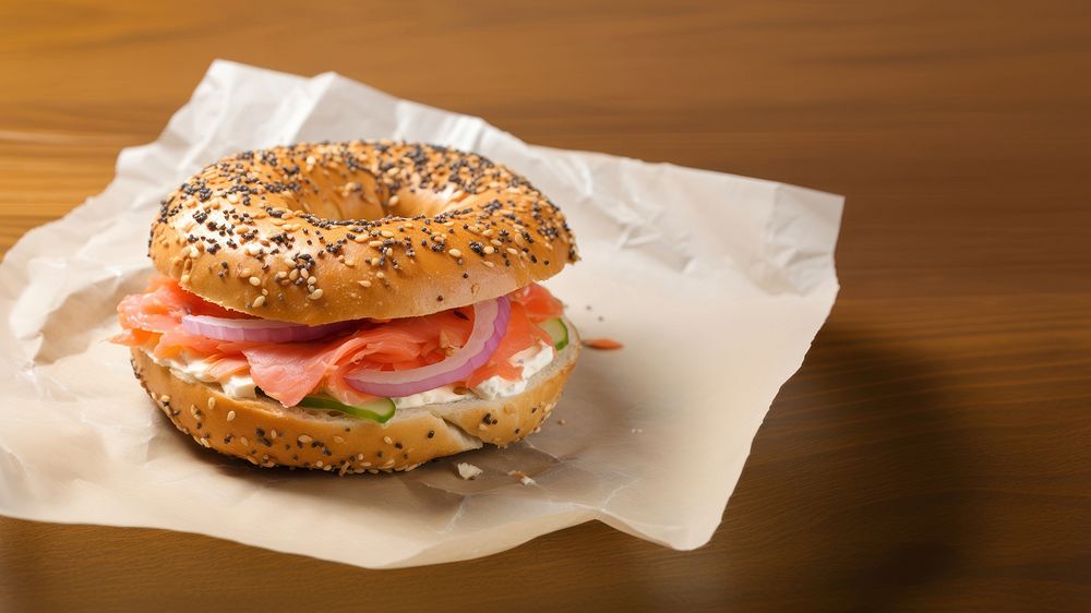 Close-up of Lox Bagel with onions on paper sheet.  