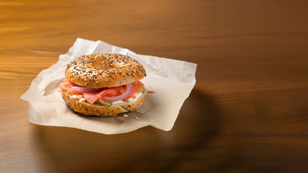 Close-up of Lox Bagel with onions on paper sheet.  